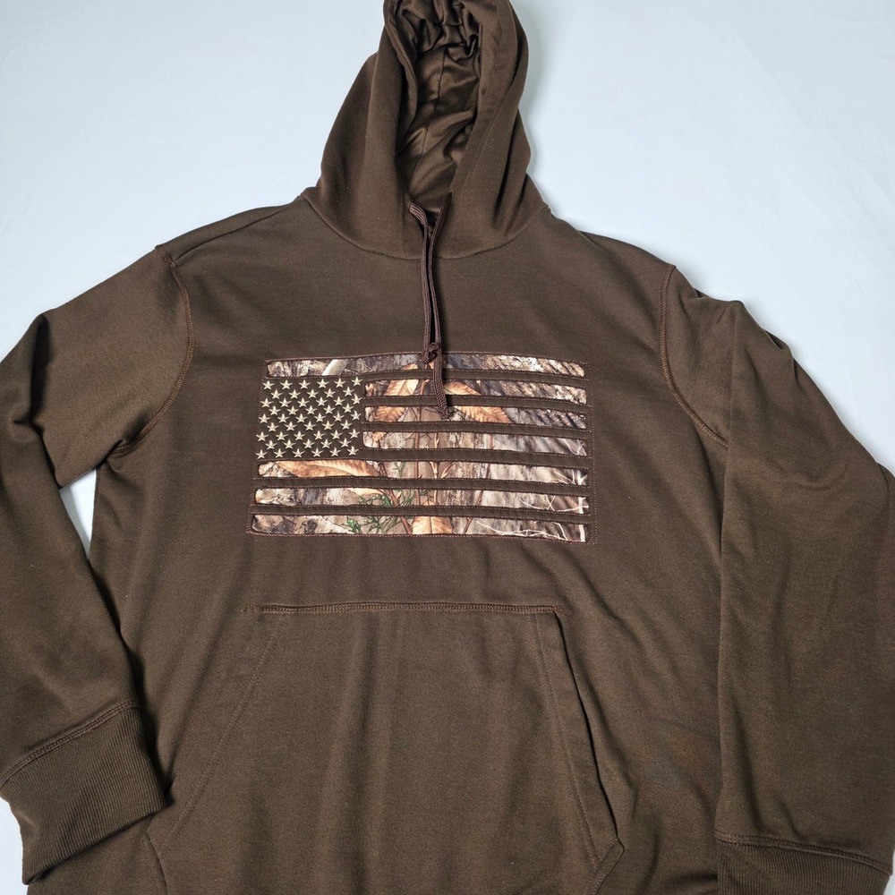 Realtree Hoodie Men Medium Brown Camo American Flag Fleece Pullover Sweatshirt